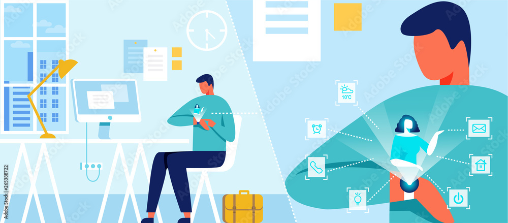 Wall mural man using smart watch with interactive interface