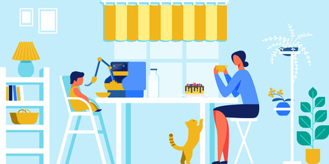 Domestic Robot Feeding Little Baby on Kitchen