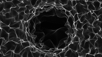 Space-time portal. Abstract grid wormhole. Futuristic 3d portal. Cosmic wormhole. Funnel-shaped tunnel. Spiral Technology. 3d rendering.