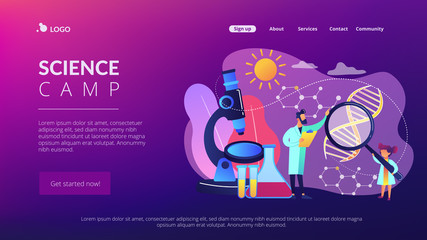 A girl with magnifier and scientist carry out an experiment, tiny people. Kids Science camp, young scientists lessons, kids laboratory tests concept. Website homepage landing web page template.
