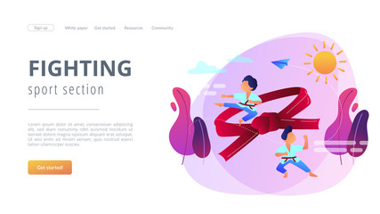 Young athletes doing karate outside at summer camp and big belt, tiny people. Karate camp, kids boxing club, fighting sport section concept. Website homepage landing web page template.