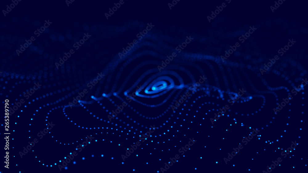 Poster Wave 3d. Wave of particles. 3D glowing abstract digital particles background. Data technology illustration. Big data visualization. 3d rendering