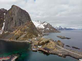 Hamnoy fishing villages with mountains in the background, Lofoten Norway.