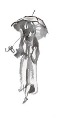 "Ghost of the rain". Watercolor depicting a girl walking in the rain