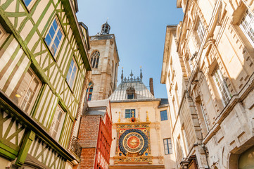 Famous Gros Horloge street with astronomical clock tower, main shopping street in Rouen, France