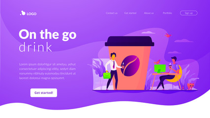 Huge coffee cup and tiny business people drinking take away coffee outside and in office. Take away coffee, on the go drink, take away business concept. Website homepage header landing web page