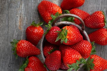 Erdbeere im Eimer auf grauem hintergrund