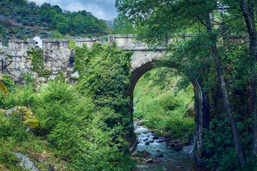 Fototapeta na wymiar Old rock bridge that crosses a stream in the middle of the vegetation