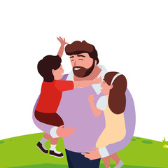 father with son and daughter characters in the field