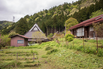 Fototapeta na wymiar Steep pitched roof on farm house in Japanese mountains