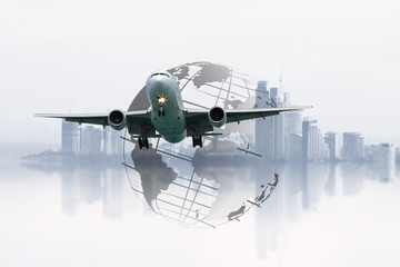 airplane flying around the world , transportation concept , travel concept