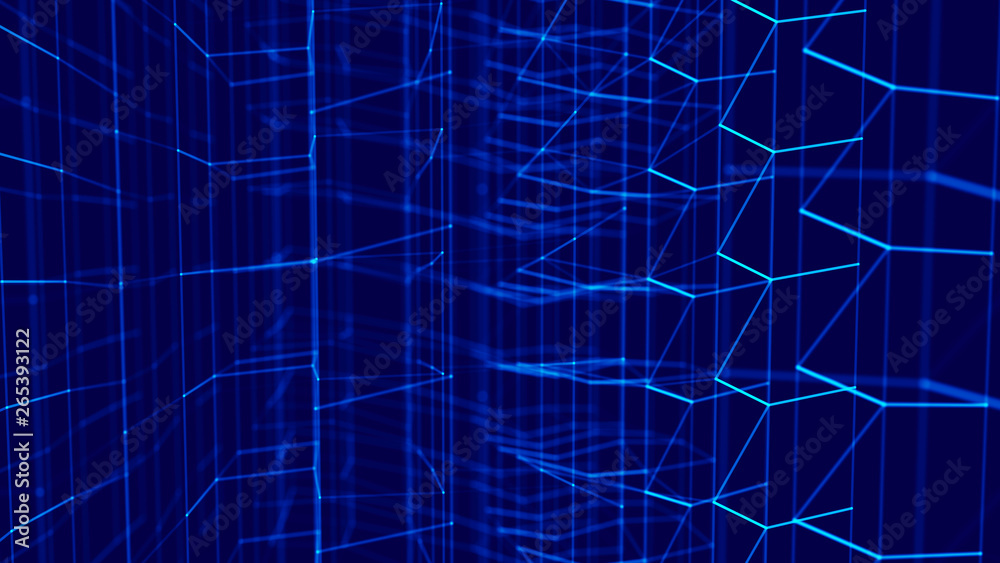 Poster blockchain technology concept. big data visualization. 3d illustration. distributed register technol