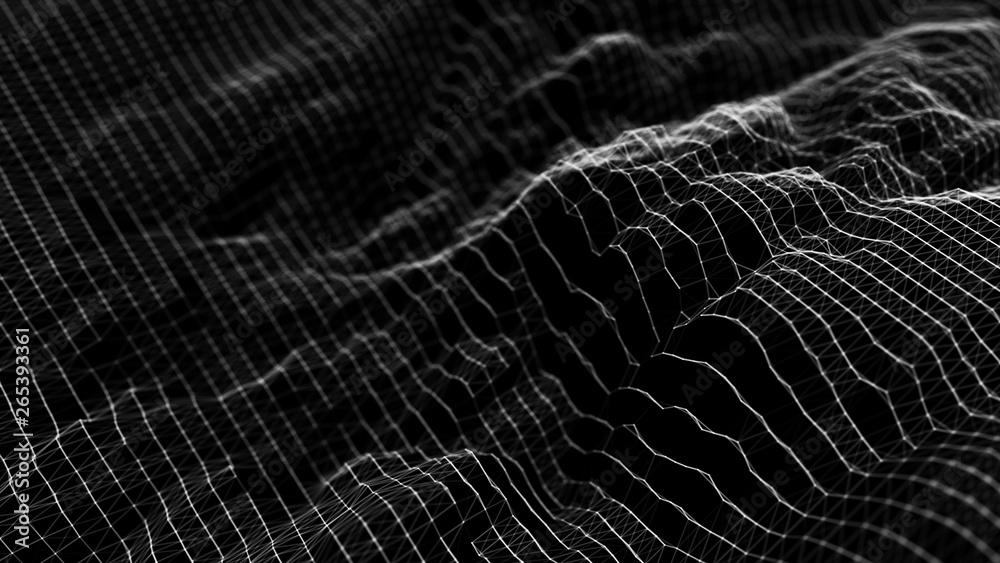Poster Wave 3d. Wave of particles. Abstract background with a futuristic wave. Big data visualization. Technology concept. 3d landscape. 3d rendering.