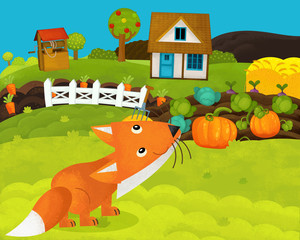 Naklejka premium cartoon happy and funny farm scene with happy fox - illustration for children