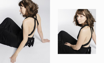 Woman in black dress on white background with filmgrain