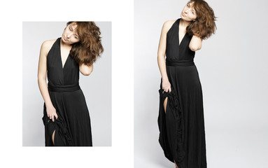 Woman in black dress on white background with filmgrain