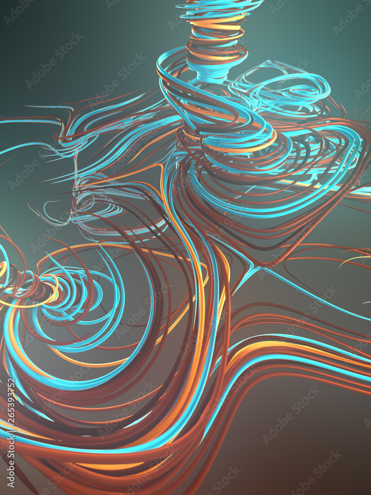 Poster Interlacing abstract blue colored curves. Computer generated geometric pattern. 3D rendering