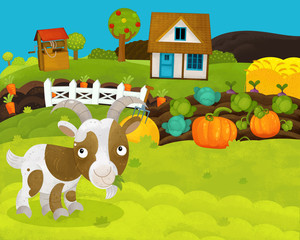 Obraz na płótnie Canvas cartoon happy and funny farm scene with happy goat - illustration for children