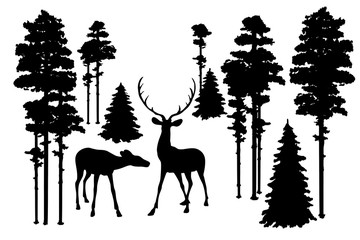 Black silhouettes of north forest. Deer and trees basis on white background