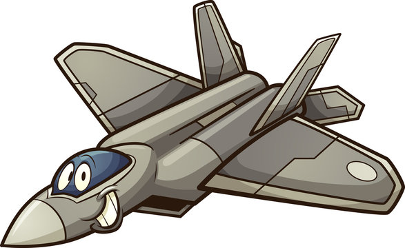 Happy cartoon fighter jet character clip art. Vector illustration with simple gradients. All in a single layer. 
