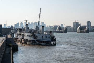 The wreck of the Royal Iris ferry boat that is sinking in London Docklands near the Thames Barrier