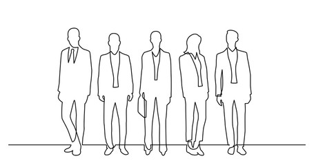 continuous line drawing of diverse group of standing business professionals