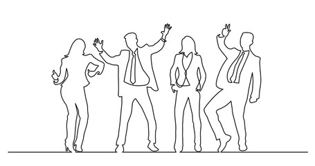 continuous line drawing of happy successful business people cheering