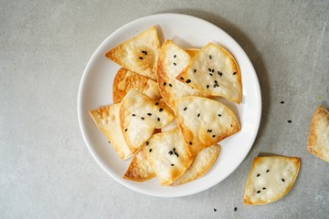 Homemade Wonton Crisps / Chips or Crackers, selective focus