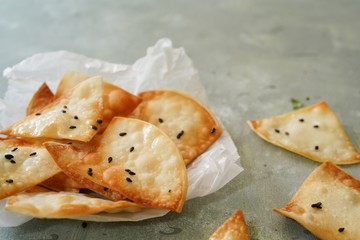 Homemade Wonton Crisps / Chips or Crackers, selective focus