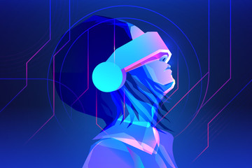 Woman wearing virtual or augmented reality glasses. Abstract vr world with neon lines. Vector illustration © andrush