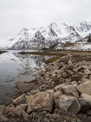 Reflection of mountain on fjord  during winter, Norway