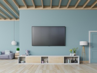 TV on the cabinet in modern living room on blue wall background,3d rendering
