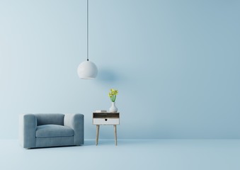 Modern living room with blue armchair have cabinet and lamp on wood flooring and blue wall ,3d rendering