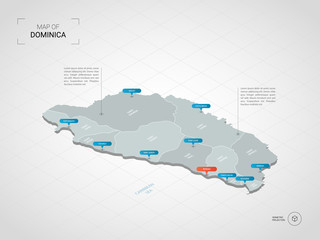 Isometric  3D Dominica map. Stylized vector map illustration with cities, borders, capital, administrative divisions and pointer marks; gradient background with grid.