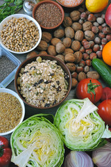 A set of products for diet or healthy nutrition. Vegetables, fruits, seeds, nuts. Keto diet Vegan diet Weight control concept.