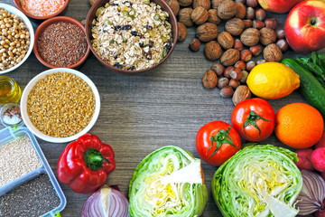 A set of products for diet or healthy nutrition. Vegetables, fruits, seeds, nuts. Keto diet Vegan diet Weight control concept.