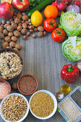 A set of products for diet or healthy nutrition. Vegetables, fruits, seeds, nuts. Keto diet Vegan diet Weight control concept.