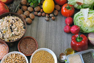 A set of products for diet or healthy nutrition. Vegetables, fruits, seeds, nuts. Keto diet Vegan diet Weight control concept.