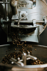 Fresh Roasted Natural Coffee Beans Cascading out of Industrial Coffee Bean Roaster Machine Inside the Coffee Shop