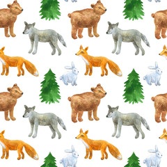 Seamless pattern with cute forest animals: wolf, bear, fox, hare. Hand drawn watercolor illustration. Texture for print, fabric, textile, wallpaper.