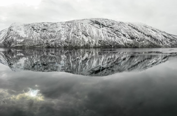 Reflection of mountain at Beisfjord during winter, Norway