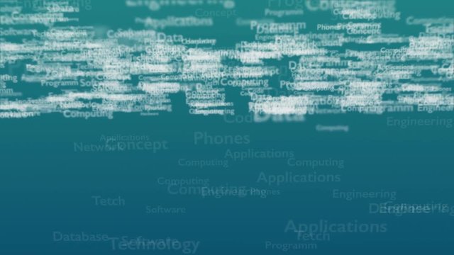 Light blue background with different words, which deal with technology. Close up. Copy space. 3D. Animatiom. 4K.