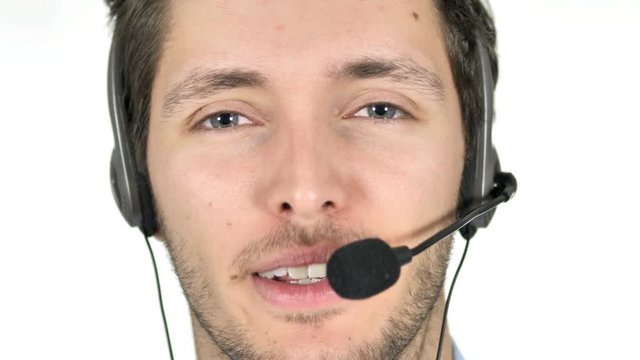 Face Close up of Talking Call Center Agent on White Background
