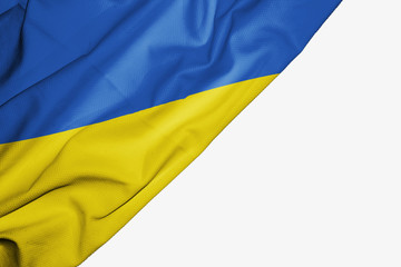 Ukraine flag of fabric with copyspace for your text on white background.