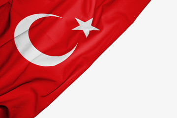 Turkey flag of fabric with copyspace for your text on white background.
