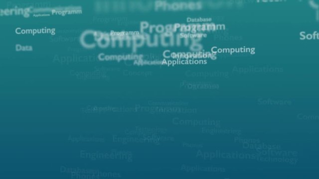 Light blue background with different words, which deal with technology. Close up. Copy space. 3D. Animatiom. 4K.