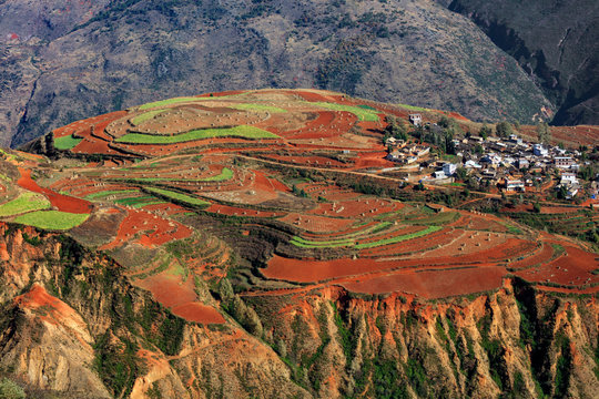 Dongchuan Colored Red Earth Terraces - Red Soil, Green Grass, Layered Terraces in Yunnan Province, China. Chinese Countryside, Agriculture, Exotic Unique Landscape. Farmland, Agriculture