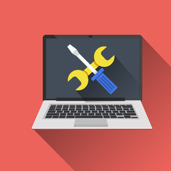Laptop with wrench and screwdriver on screen. Computer repair service, maintenance, technical support. Flat design. Vector illustration