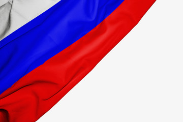 Russia flag of fabric with copyspace for your text on white background.