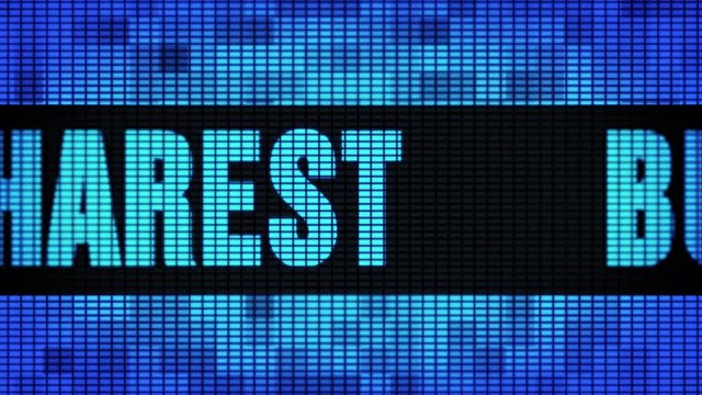 BUCHAREST Front Text Scrolling on Light Blue Digital LED Display Board Pixel Light Screen Looped Animation 4K Background. Sign Board , Blinking Light, Pixel Monitor . LED Wall Pannel